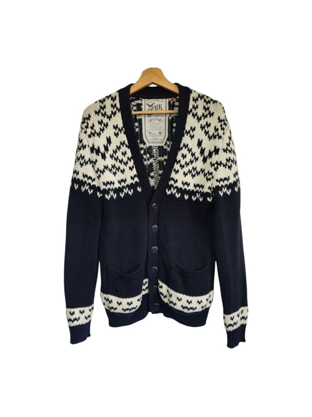 FCUK Cotton Fair Isle Cardigan V-neck Loose Fitting  Front patch pockets Small